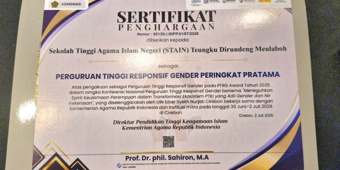 STAIN Meulaboh Dapat Penghargaan Pratama Responsif Gender Award 2026, Kamis 2 Juni 2025